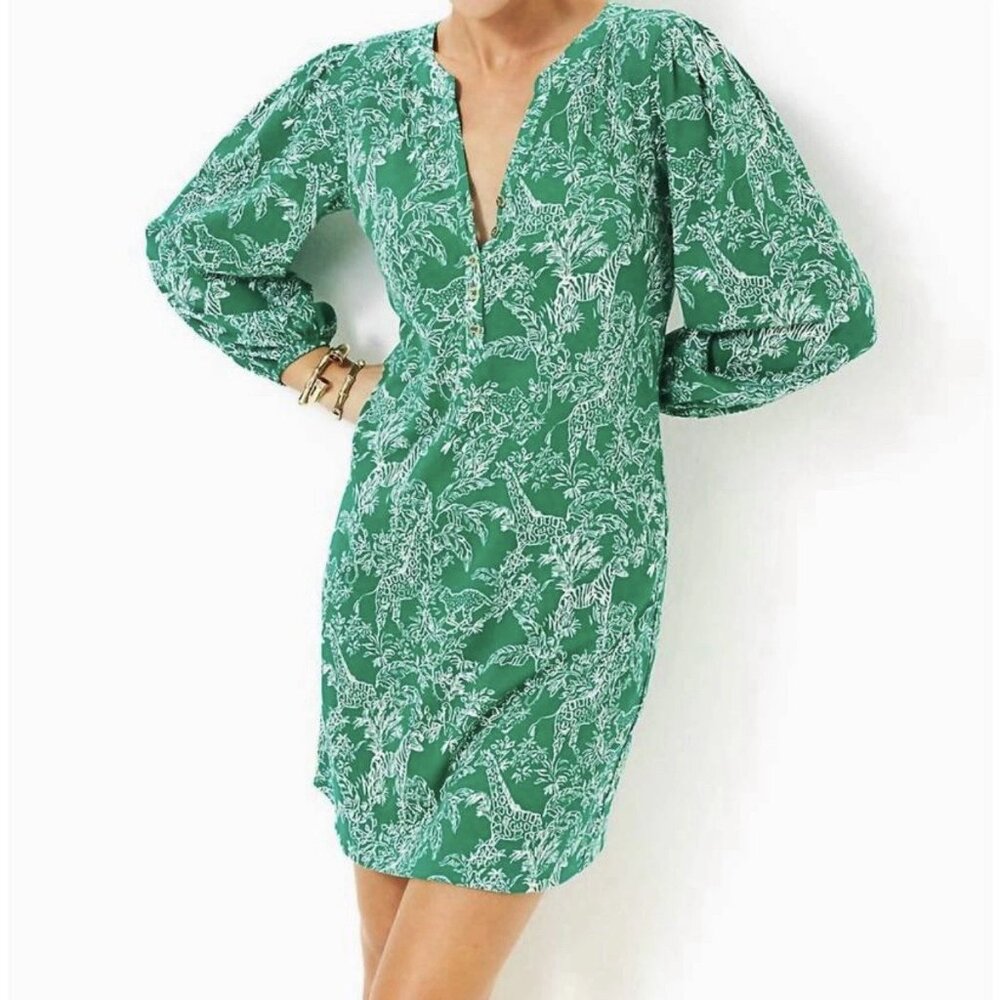 Lilly Pulitzer Cotton Emery Dress XS Gold Logo Buttons Fairy Whimsy Zoo Safari